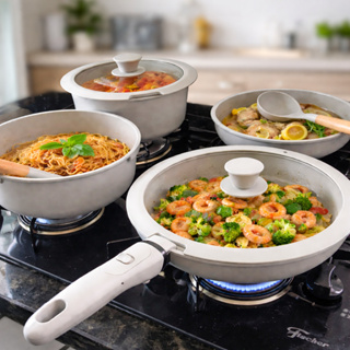 Jogo de Panelas Antiaderente c/ Alças Removíveis Tampa de Vidro Design Rosa/Cinza e Cerâmica Premium em Oferta na Shopee