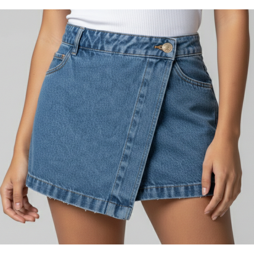 Short Saia Jeans 100% Algodão Marmorizado Cintura Alta Premium Sem Lycra