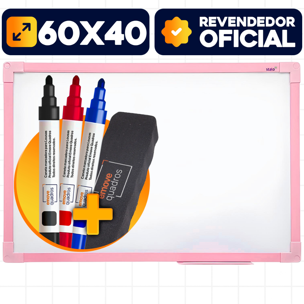 Quadro Branco 60x40 Lousa Moldura Rosa Stalo 3 Canetas e Apagador em Oferta na Shopee