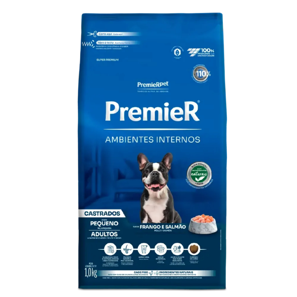 Ração Premier Ambientes Internos Cães Porte Pequeno Castrados Adultos Frango e Salmão 1kg