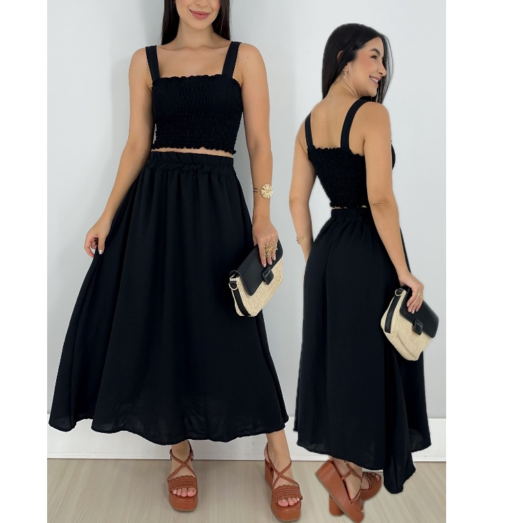 Conjunto feminino elegante moda modesta cropped com lastex e saia mid rodada
