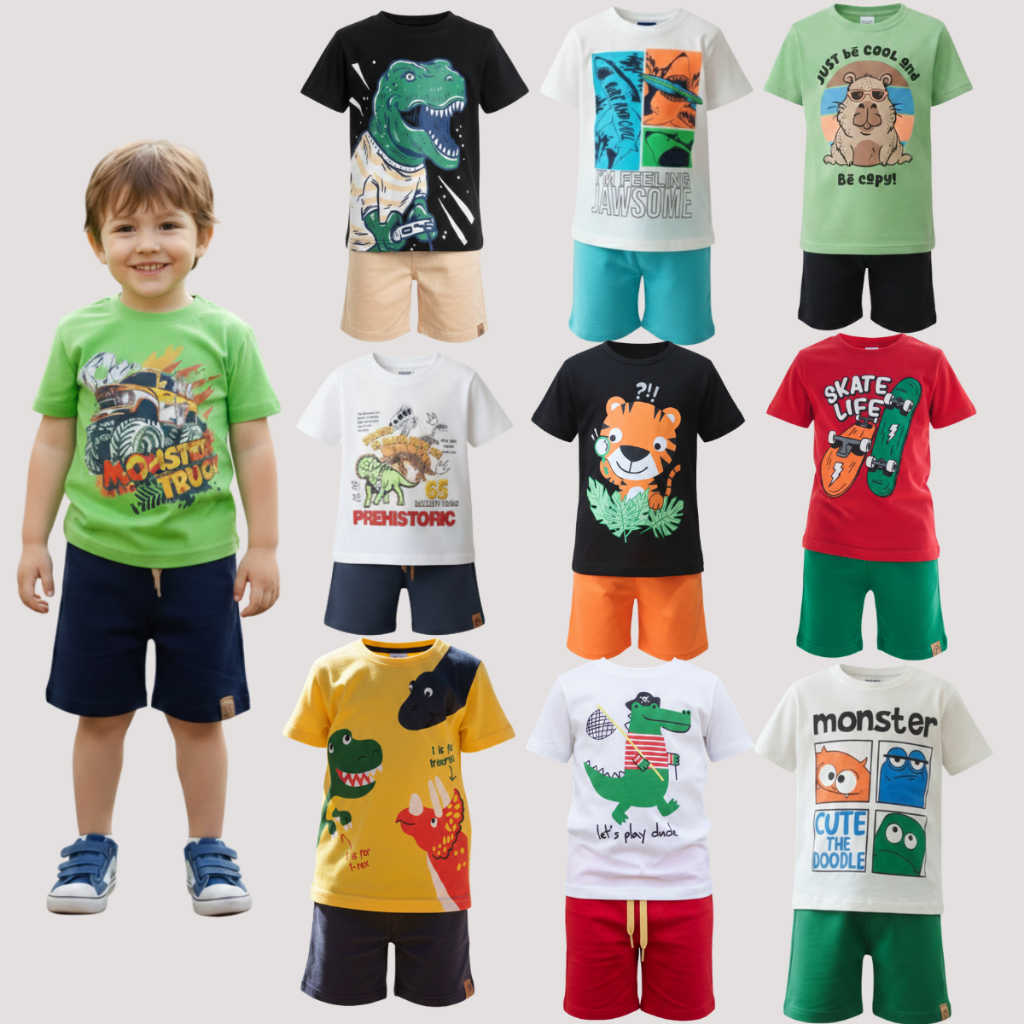 Kit 3 Conjuntos Infantil Menino Verão – 3 Camisetas + 3 Bermudas – Roupa Infantil Sortida