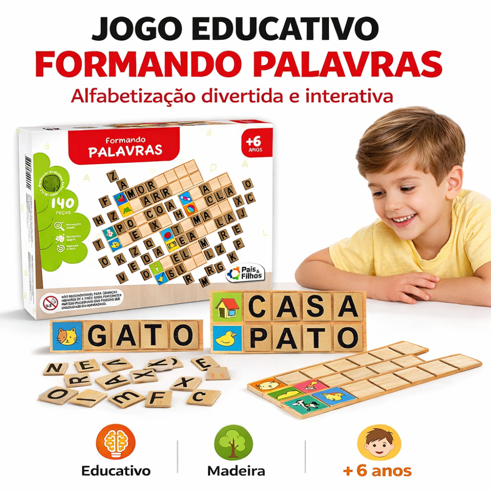 Jogo Educativo Formando Palavras 152 Peças Madeira Alfabetização Infantil Coordenação Motora Leitura