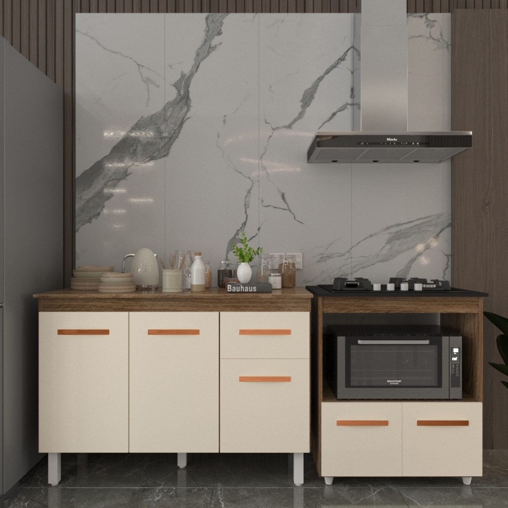 Balcão Armário Gabinete Aline 118 cm Savana Off White com Tampo Savana e Balcão Evelyn Cooktop 4 Bocas Savana Off White