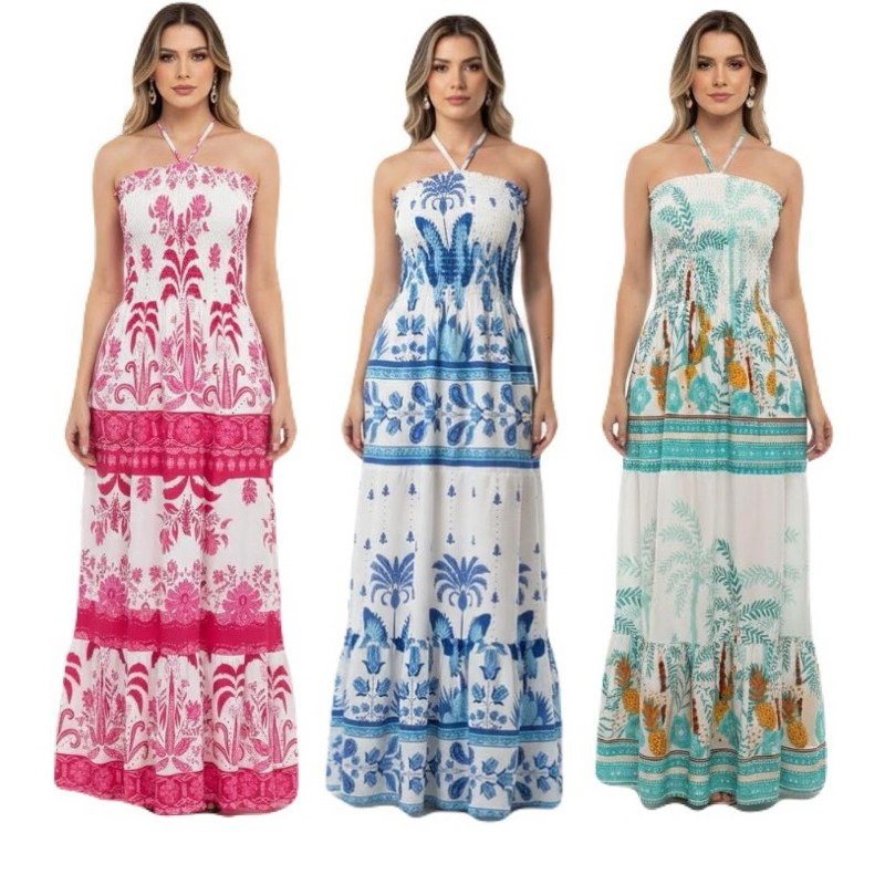 Vestido Tropical Longo Tomara que Caia Estampado - Moda Feminina 2026  ENTREGA RAPIDA