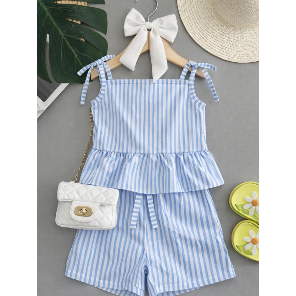 Conjunto Duas Peças Infantil Feminino Estampa Listrada Top Regata com Babado e Short Roupa de Passeio Menina Verão c em Oferta na Shopee