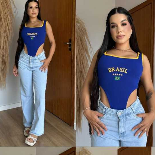 Body Bordado Brasil Cintura Cavada Decote Quadrado Estampa Brasil Moda Feminina Ribaninha Cavadão