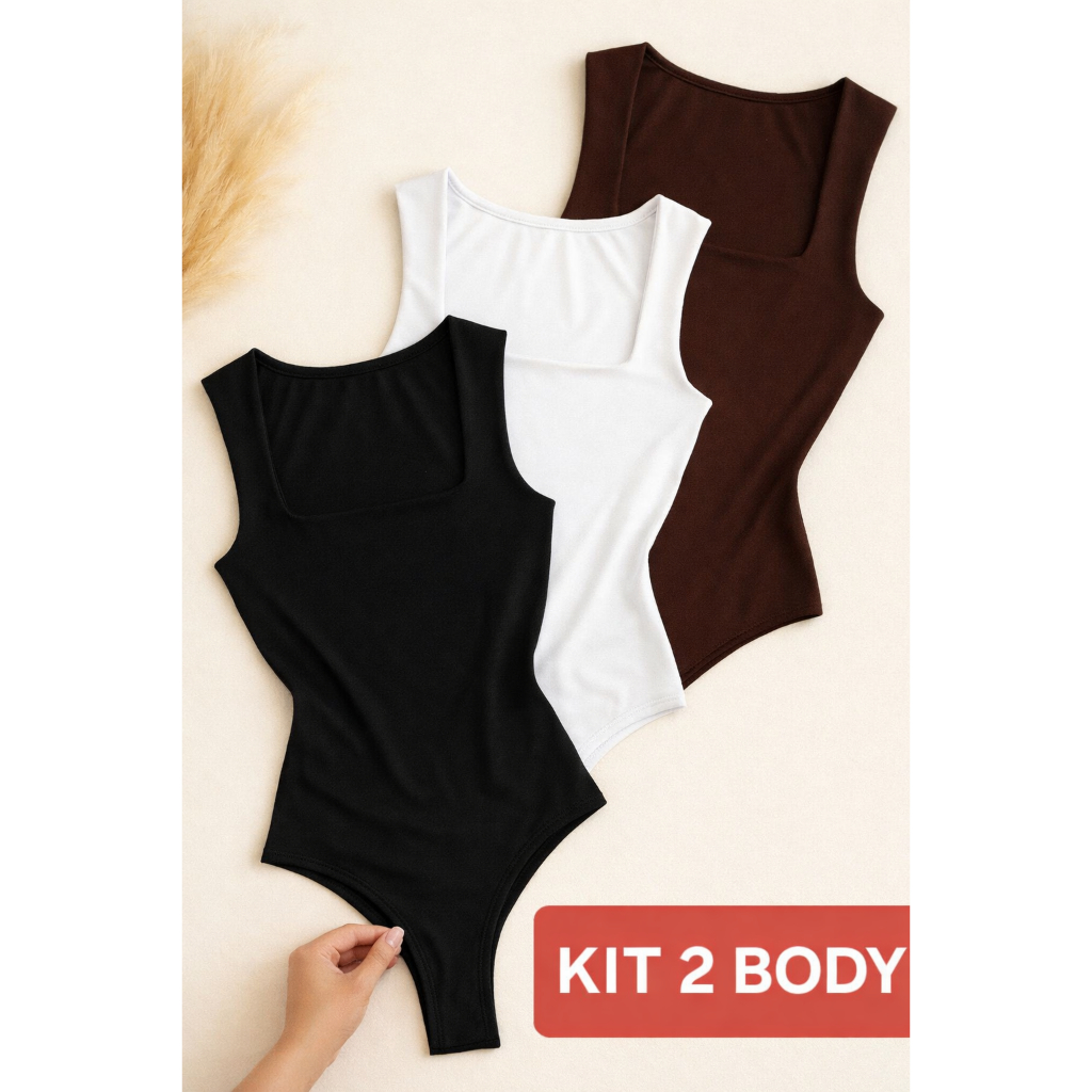 kit 2 Body Feminino Collant Tecido Suplex Decote Quadrado Alças Grossas Casual Elegante