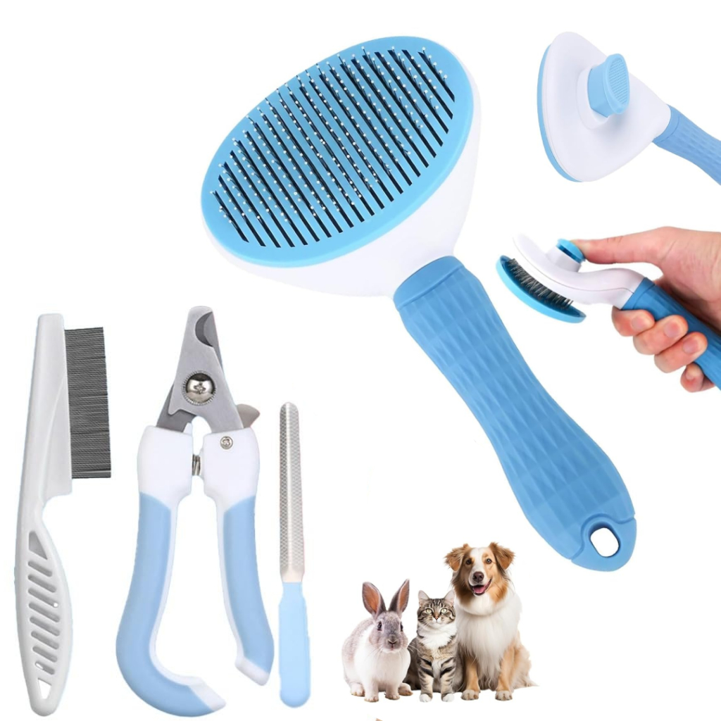 Kit Higiene Pet 4 em 1: Escova Removedora de Pelos + Pente Anti-Pulgas + Cortador e Lixa de Unhas