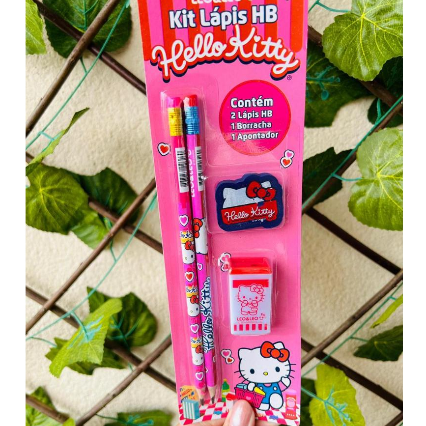 Kit Escolar Hello Kitty Papelaria Fofa 2 Lapis Borracha + Apontador Papelaria Fofa Kawaii Leonora