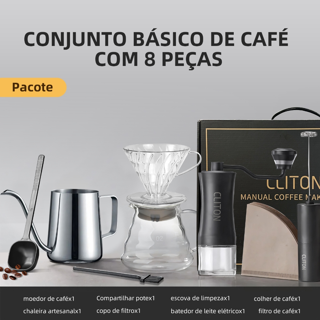 Kit de 8 peças para moedores de café,Kit Completo com Moedor, Filtro e Chaleira para Café Artesanal，Luxo em Caixa