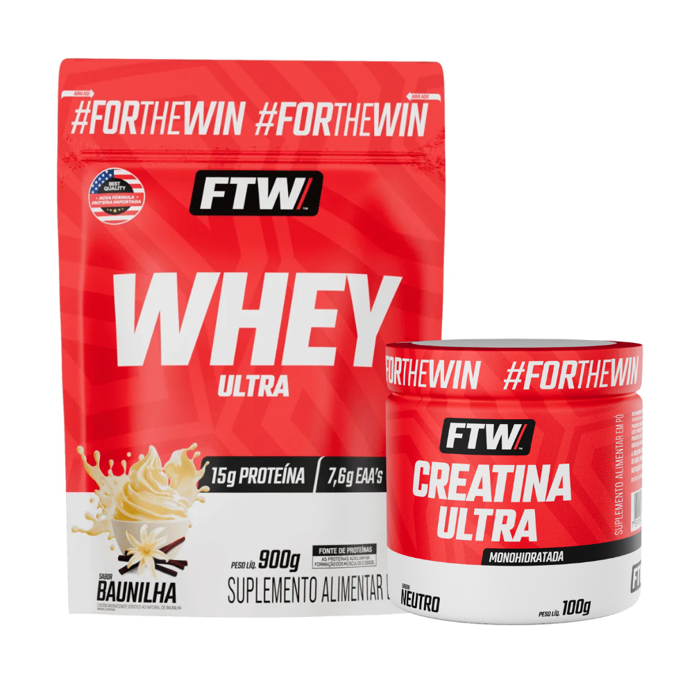 Kit Suplementos Whey Ultra 15g Proteína Refil 900g FTW + Creatina Ultra Pote 100g