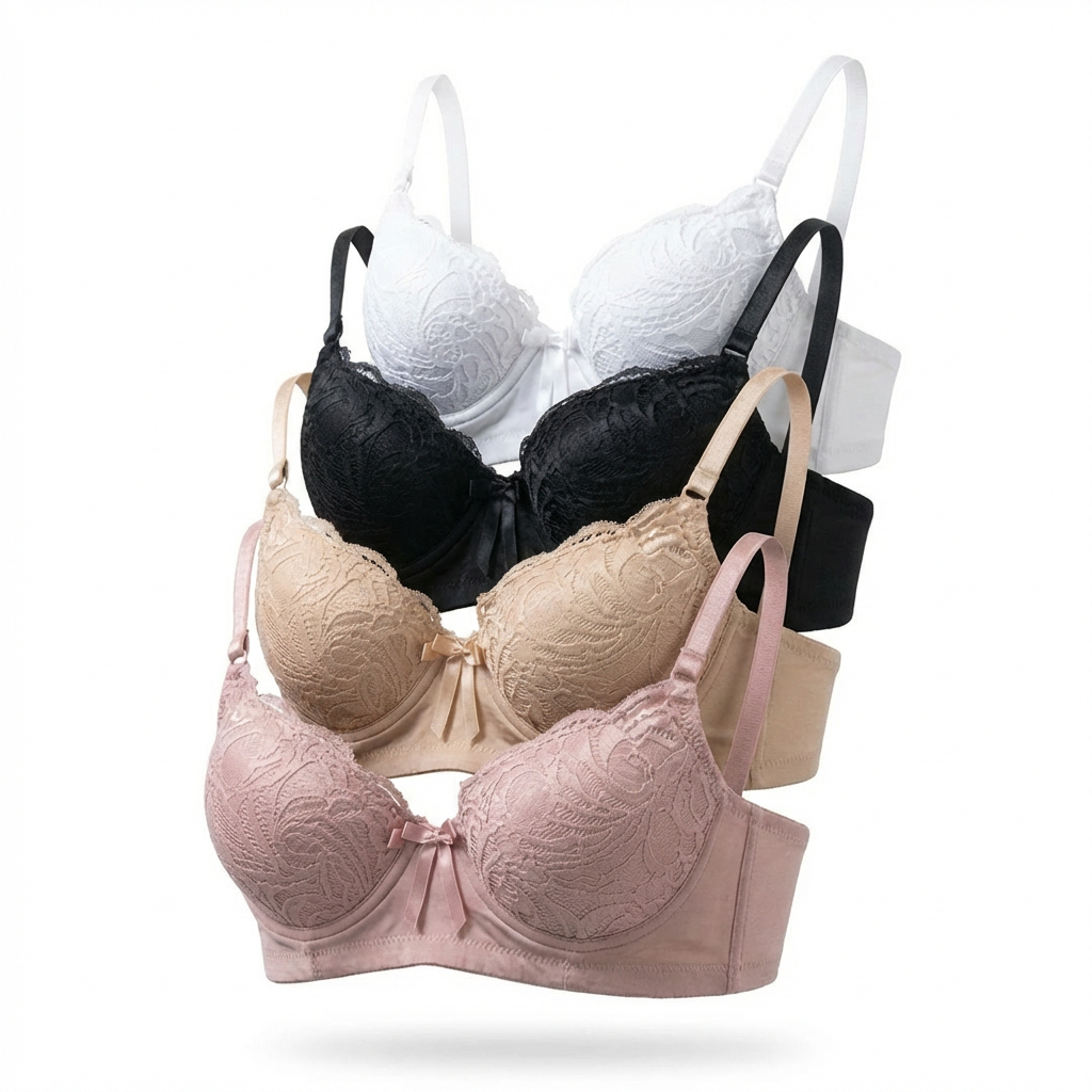 Kit 4 Sutiãs Rendados com Aro e Bojo Estruturado Feminino – Sustentação Reforçada, Confortável, Lingerie com Bojo