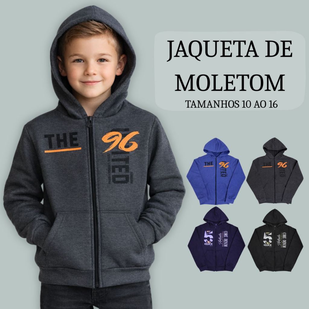 Agasalho Jaqueta Casaco Blusa de frio Moletom Flanelado Infantil Juvenil Menino Bolso Capuz e Ziper Estampa 3078-A