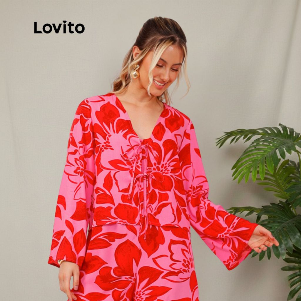 Lovito Bossa I Blusa Manga Longa em Viscose com Amarração Frontal e Manga Sino Estampa Boho Floral LB1263BRL1293 em Oferta na Shopee