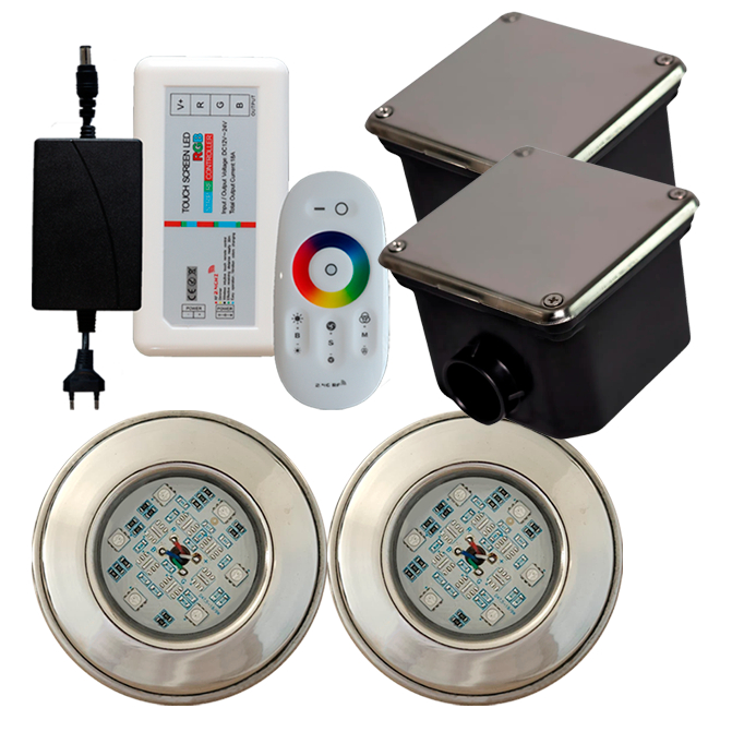 Kit Iluminação Refletor 2 Led Inox 9w Rgb Piscinas Controlador Touch + Fonte E Caixa de Passagem