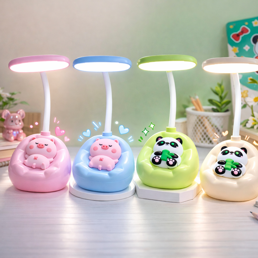 Luminária LED Mesa Divertida Desenho Animais Panda Porquinho Flexível USB Recarregável