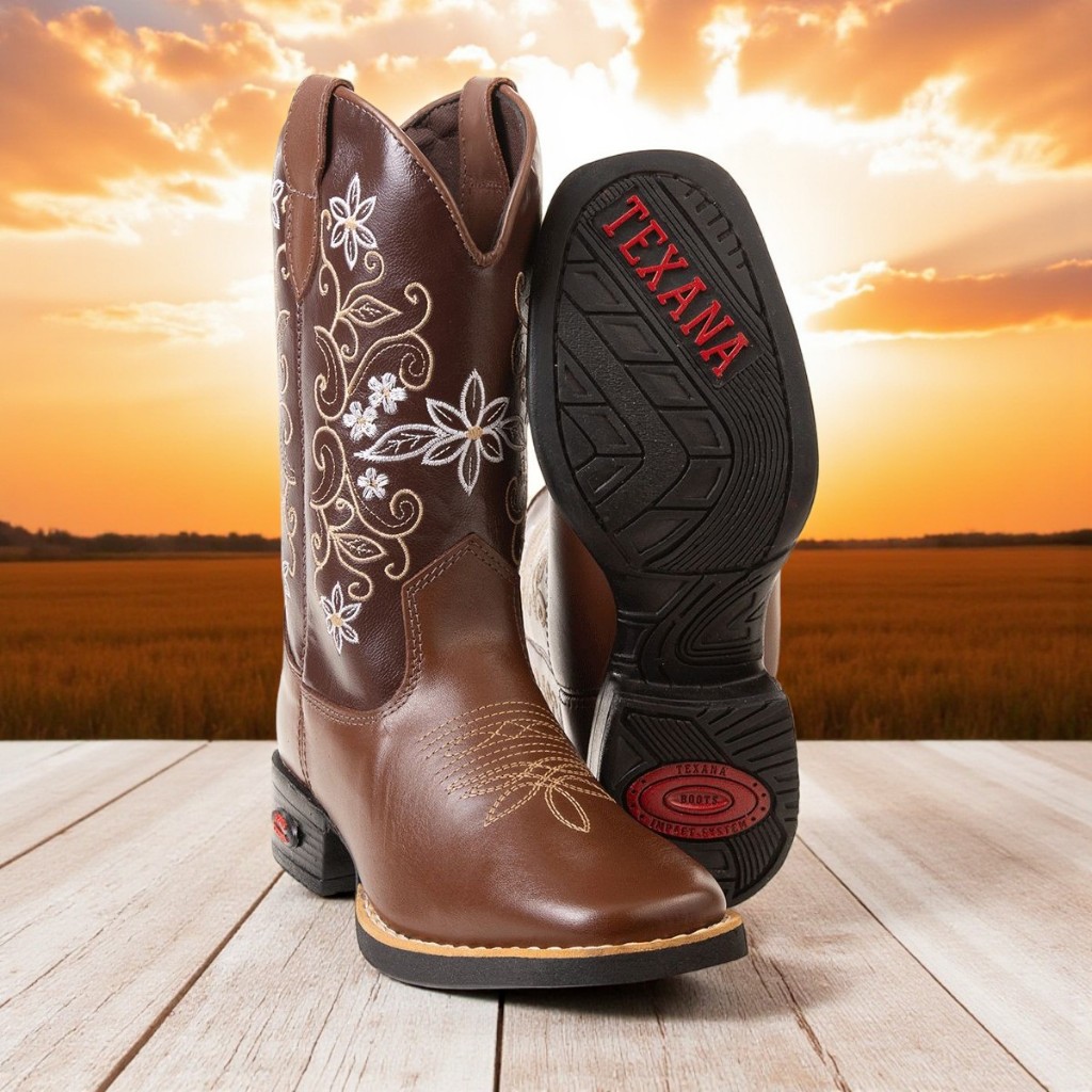 Bota Texana Country Feminina Cano Logo Bordado 100% Couro Legitimo Western Salto Baixo Bordado Bico Quadrado Lançamento em Oferta na Shopee