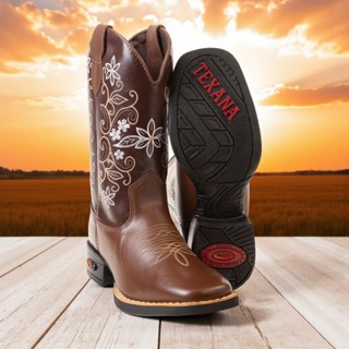 Bota Texana Country Feminina Cano Logo Bordado 100% Couro Legitimo Western Salto Baixo Bordado Bico Quadrado Lançamento em Oferta na Shopee
