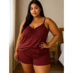 Kit 2 Conjunto de Baby Doll Plus Size em Poliéster Liso Short Feminino Adulto Conforto ao Dormir.