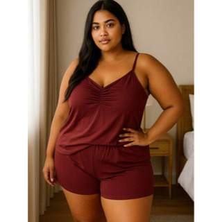 Kit 2 Conjunto de Baby Doll Plus Size em Poliéster Liso Short Feminino Adulto Conforto ao…