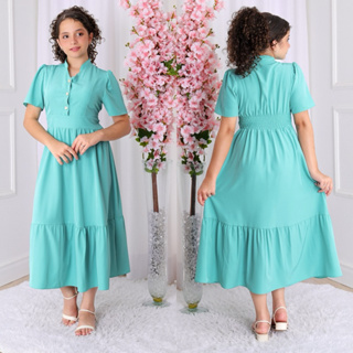 Vestido Longo infantil juvenil de botoes liso menina alfaiataria viscose em Oferta na Shopee