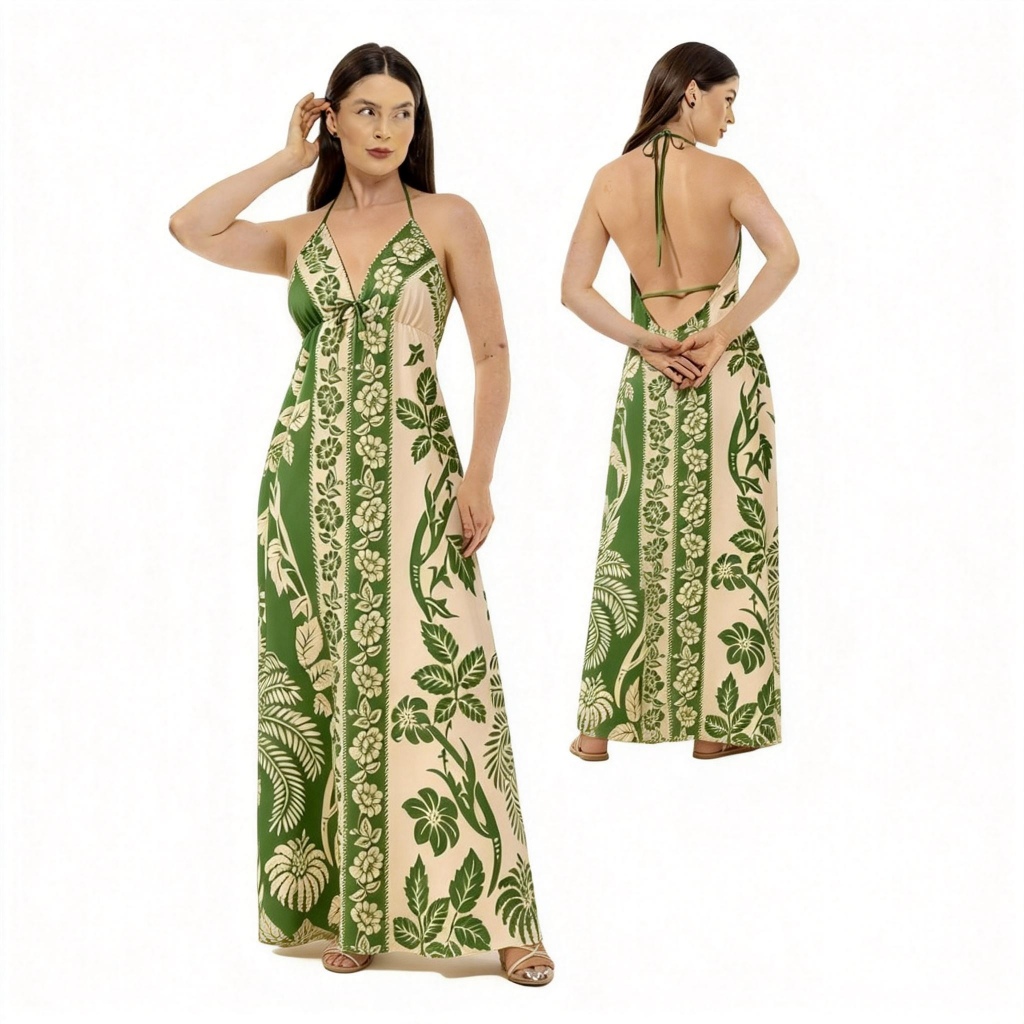 5002# Vestido Longo Preto Estampado Floral Elegante  WE-VES-5002