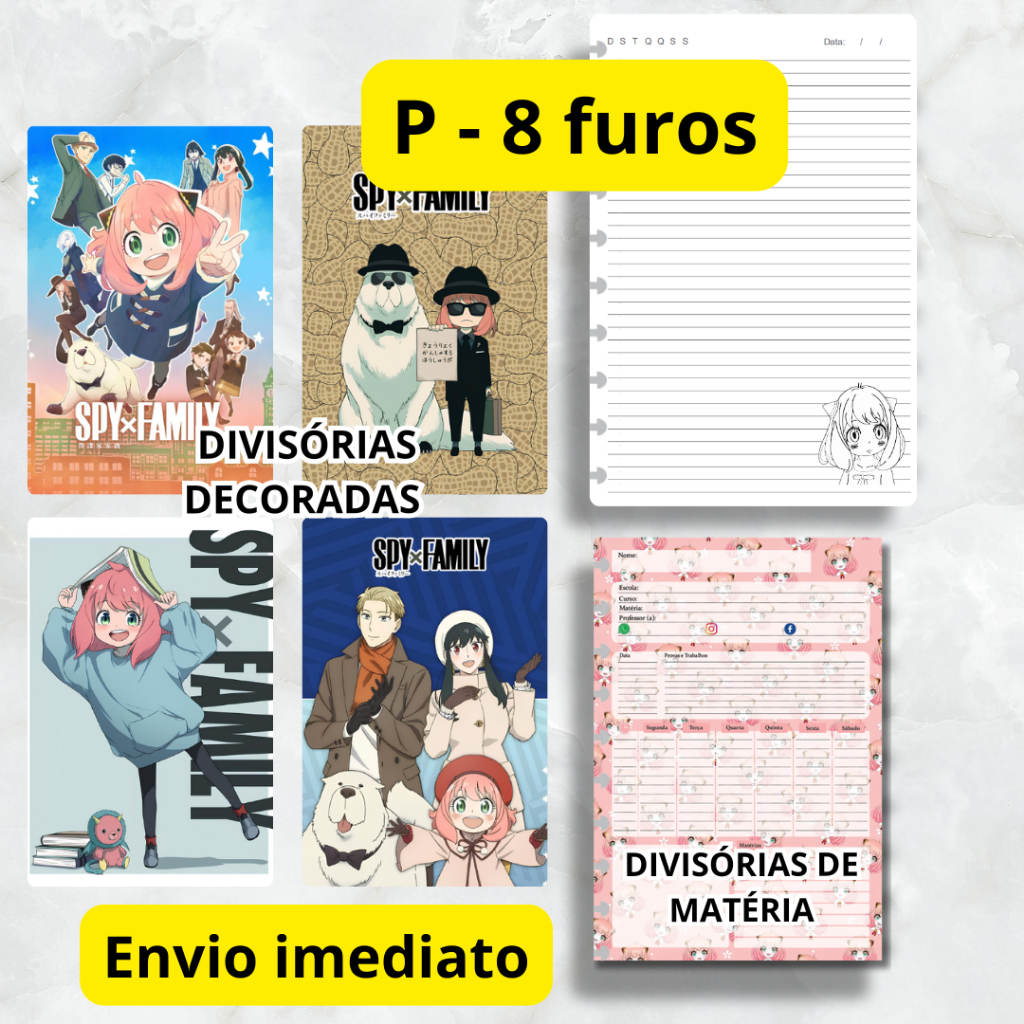 REFIL 100 FOLHAS PARA CADERNO DE DISCO SPY X FAMILY (P - 8 FUROS) E KIT DIVISÓRIA