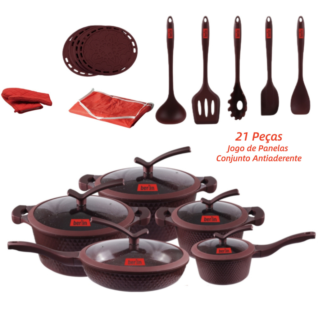 Jogo Conjunto de Panelas Antiaderente 21 Peças Indução/Gás Conjunto Revestido Cerâmica Várias Cores