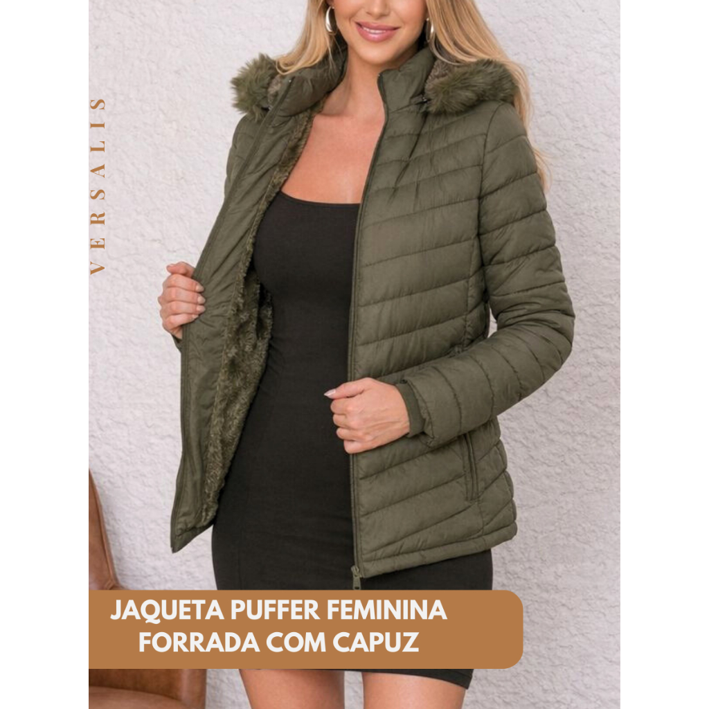 Jaqueta Puffer Gominho Feminina Peluciada com Capuz Pelo Forrada Térmica Inverno Acolchoada Impermeável Bolsos Zíper em Oferta na Shopee
