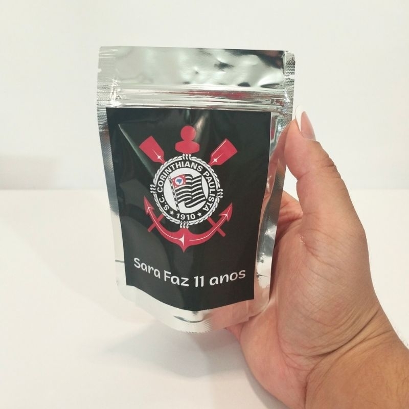 SAQUINHO METALIZADO ZIPLOCK CORINTHIANS PERSONALIZADO/LEMBRANCINHA DE FESTA INFANTIL/ANIVERSÁRIO