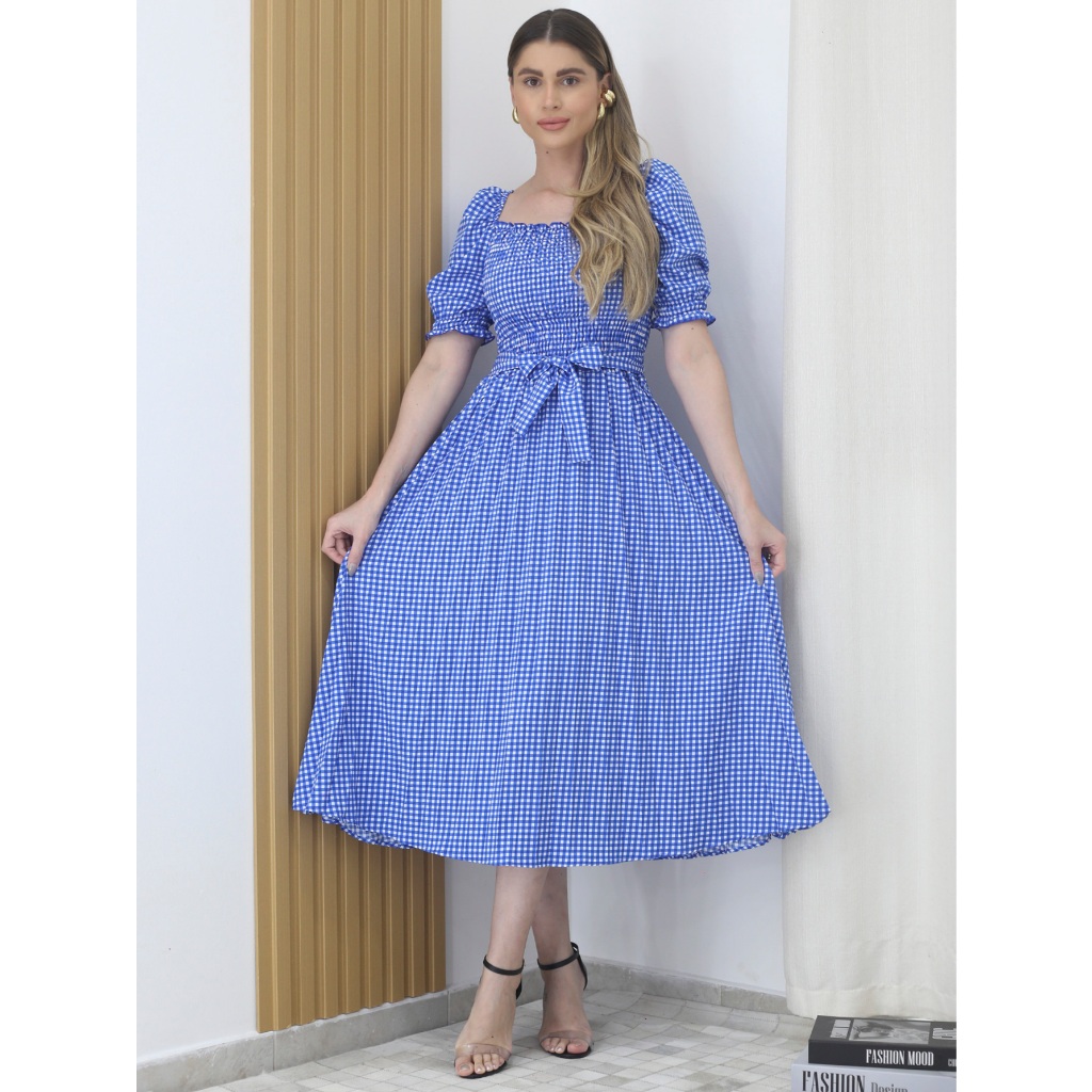 Vestido Plissado Xadrez Manga Bufante Elegante para Festa Igreja ou Dia Dia em Oferta na Shopee