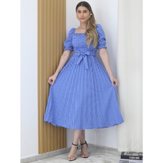 Vestido Plissado Xadrez Manga Bufante Elegante para Festa Igreja ou Dia Dia em Oferta na Shopee