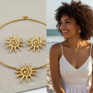 Kit Colar Gargantilha + Brincos Sol Banhado Luxo Presente Boho em Oferta na Shopee