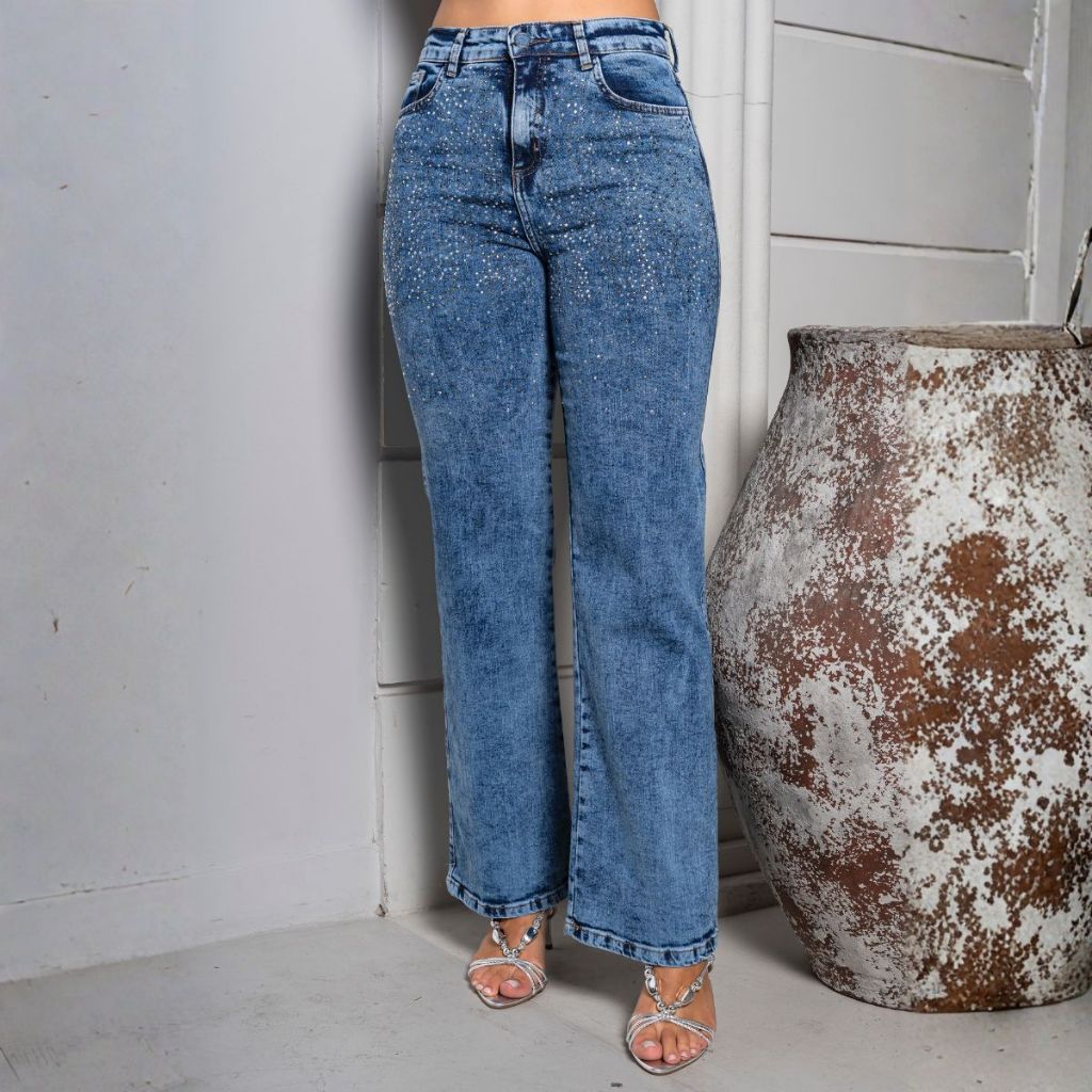 Calça Jeans Wide Leg BRILHO - STRASS Lycra Cintura Alta Pantalona Feminina Tecido Grosso Premium