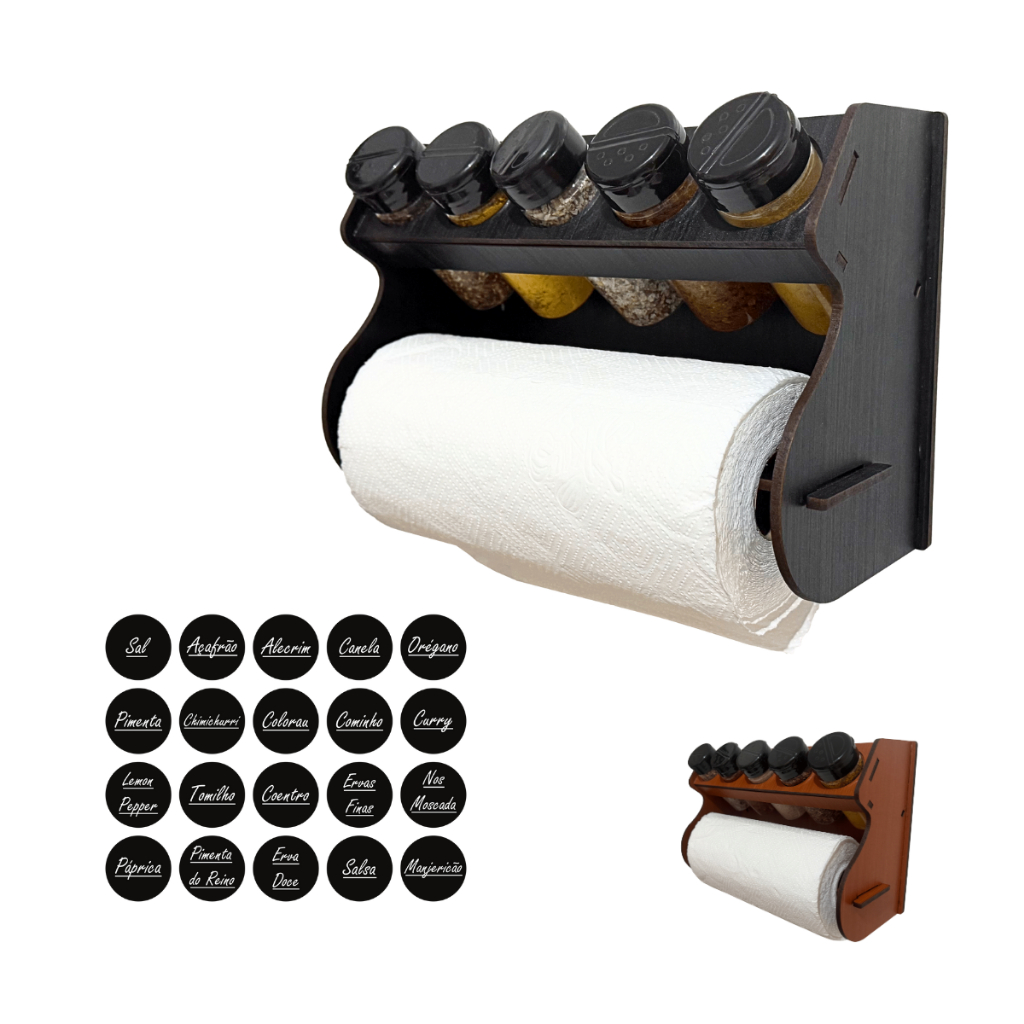 Porta Tempero de Parede com Porta Papel Tolha 5 Potes e Cartela 20 Etiquetas. em Oferta na Shopee