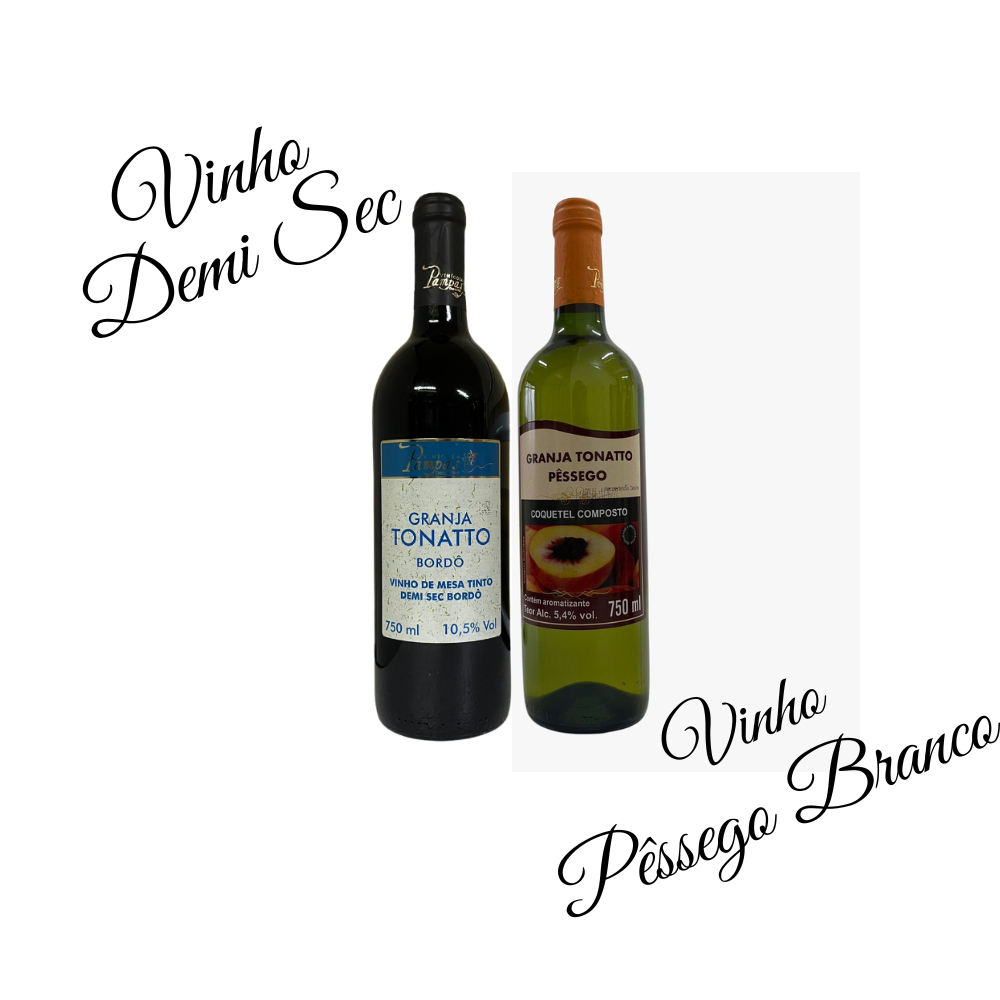 Vinhos Tonatto Demi Sec Tinto e Pêssego Branco de Campos do Jordão 750ml/cada