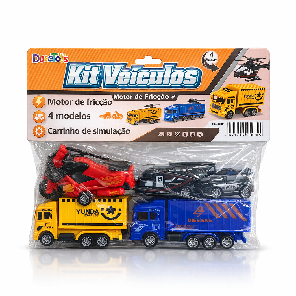 Brinquedo Carros  de Transporte 4 Veículos - Motor de fricção