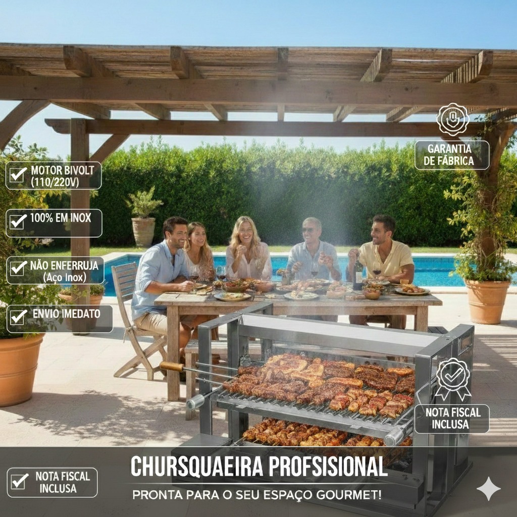 Churrasqueira Elevatória Gourmet Inox 4 Espetos Com Kit Giratório Motor WEG
