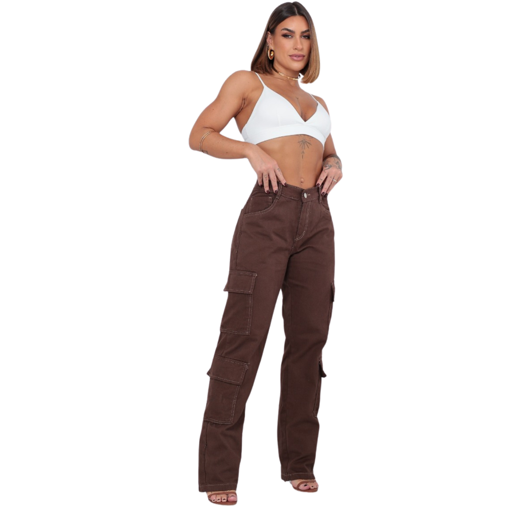Calça Feminina Super Cargo Marrom em Sarja Barra Reta