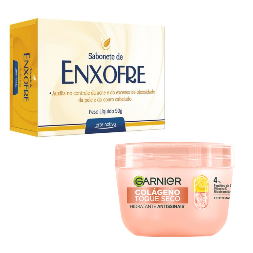 SABONETE DE ENXOFRE ANTI ACNE 90G ARTE NATIVA + CREME GARNIER COLAGENO TOQUE SECO