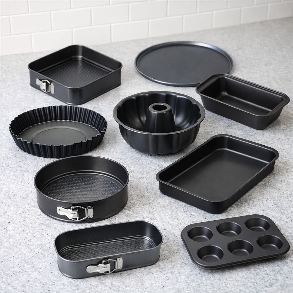 Conjunto 3 a 9 Formas Antiaderentes Aço Carbono – Pão, Bolo, Pizza, Cupcake, Tortas Fundo