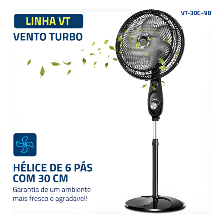 Ventilador de Coluna 30cm Turbo, Mondial, Preto/Prata, 60W 6 Pás VT-30C-NB