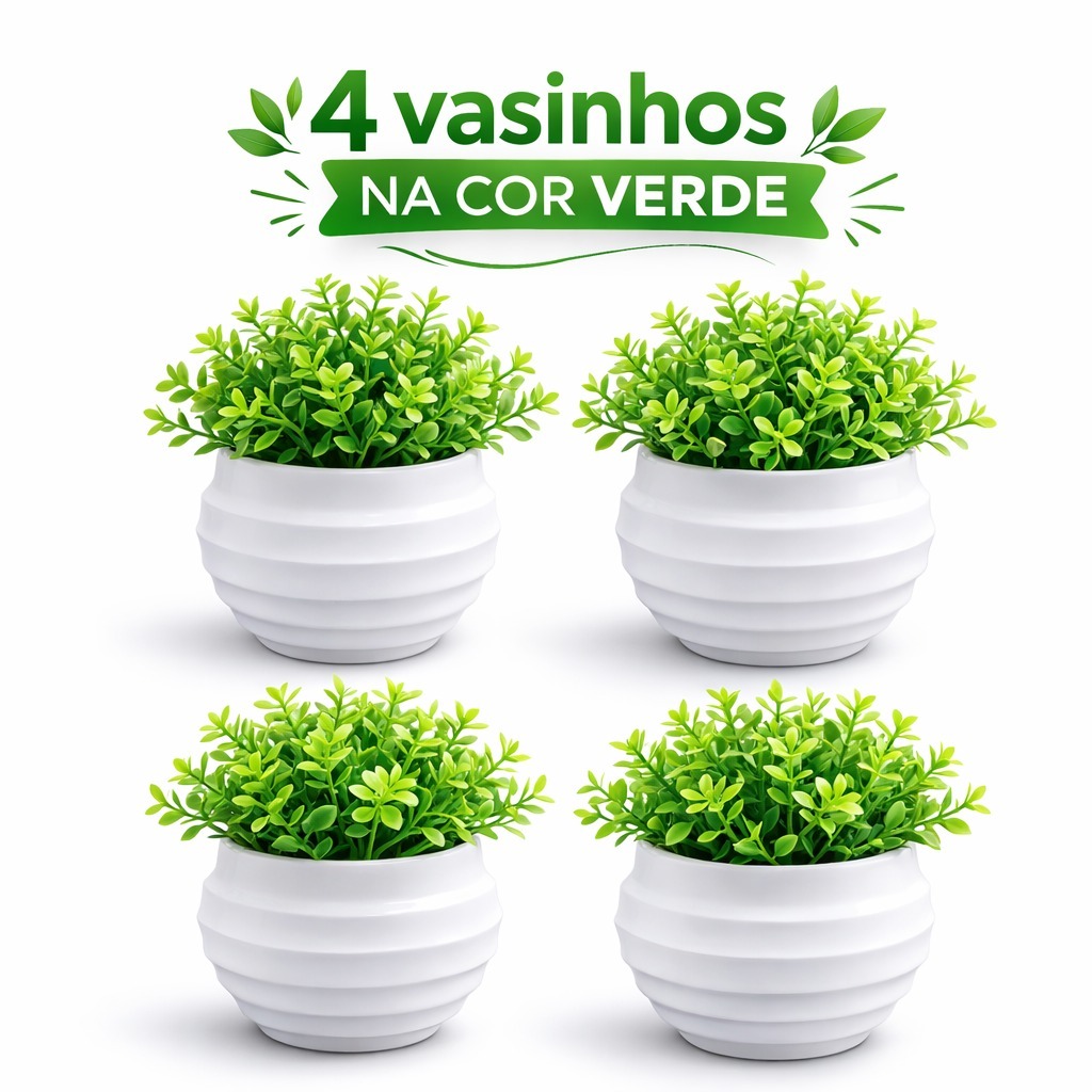 Kit 4 Mini Plantas Cor Verde Decorativas Artificial com Vaso Branco Flores Vasinho Realistas Enfeite