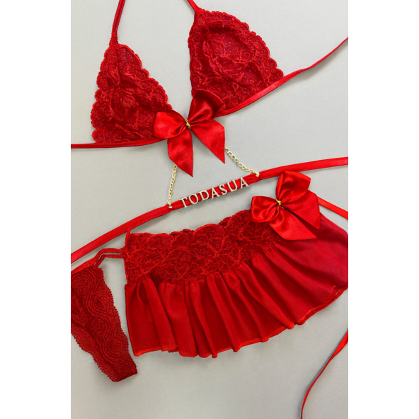 Conjunto Trio de Renda Com tira e Frases Saia Fenda Seu Presente ou Toda Sua