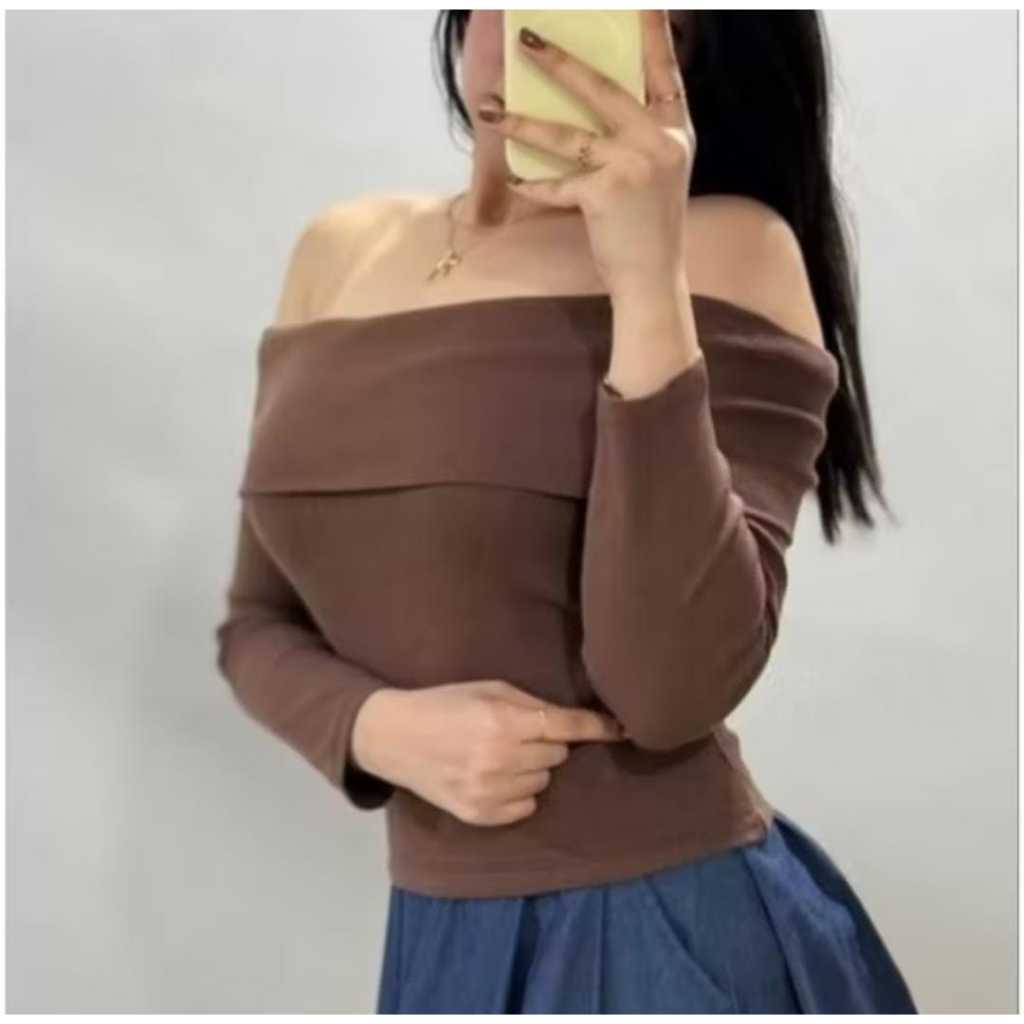 Blusa femenina ribana  manga longa Ombro a Ombro Decote com babado moda  inverno tendência 20266106