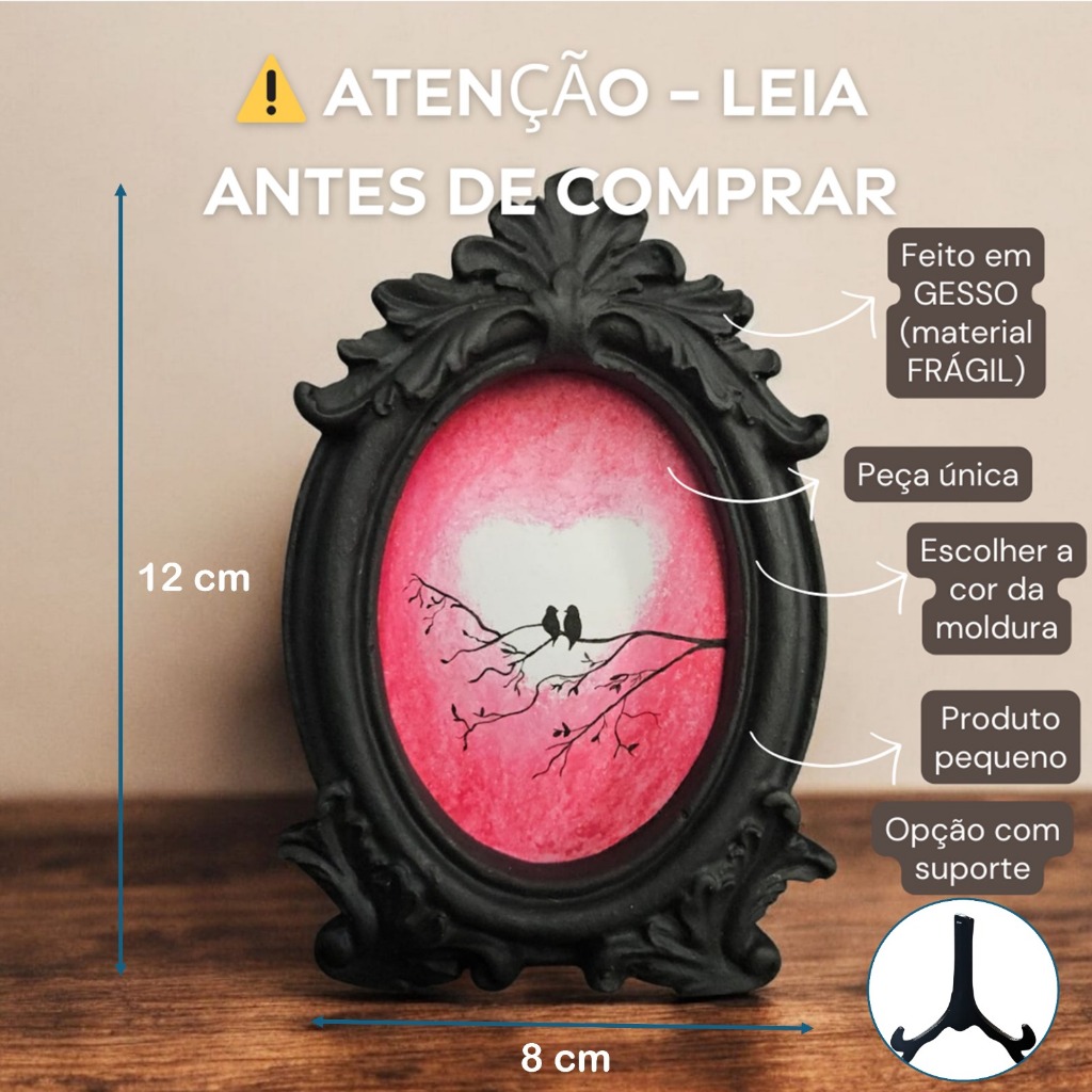 Mini Quadro Coração com Pássaros – Moldura Oval em Gesso – Artesanal