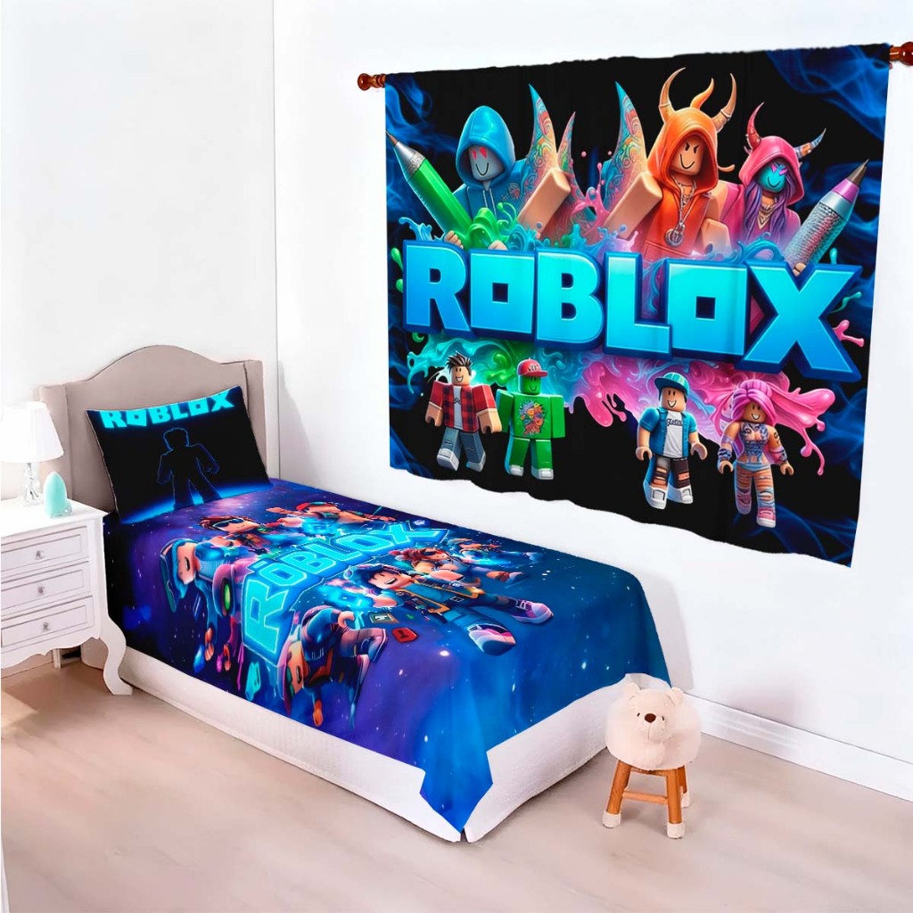 Kit Cortina + Jogo de Cama Fronha e Cobre Leito Estampado Infantil Tema Roblx Quarto Menino Gamer