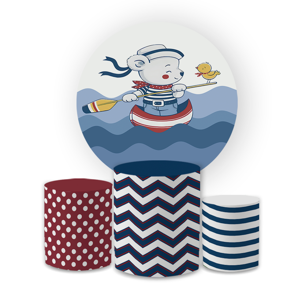 Kit Capa Painel Redondo + Capas Cilindros Tema Ursinho Marinheiro Decoração Festa Infantil Náutica