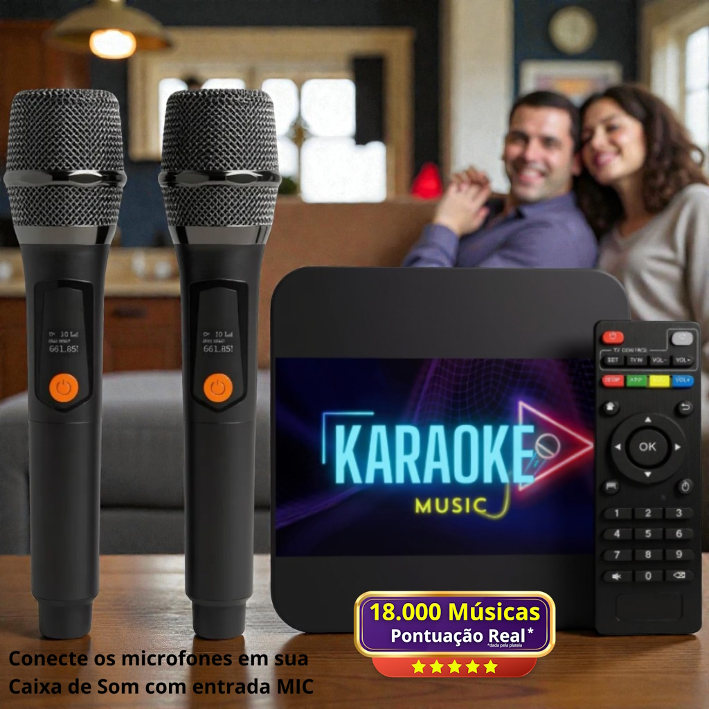 Aparelho de Karaoke + 18.000 Músicas Videoke + Pontuação Real & Ajuste Vocal + 2 Microfones s/fio